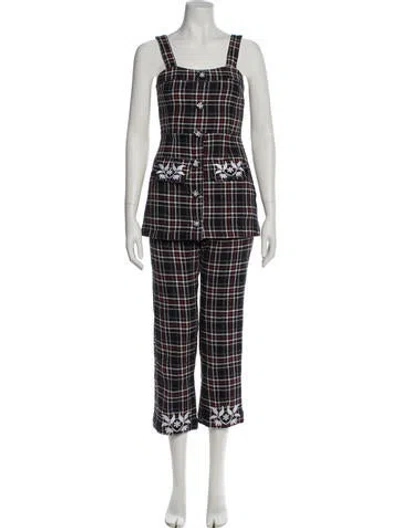 Pre-owned Fanm Mon Plaid Print Embroidered Accent Pant Set In Blue