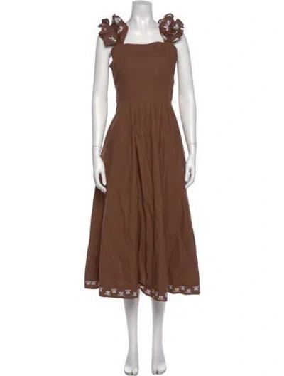 Pre-owned Fanm Mon Square Neckline Midi Length Dress In Brown