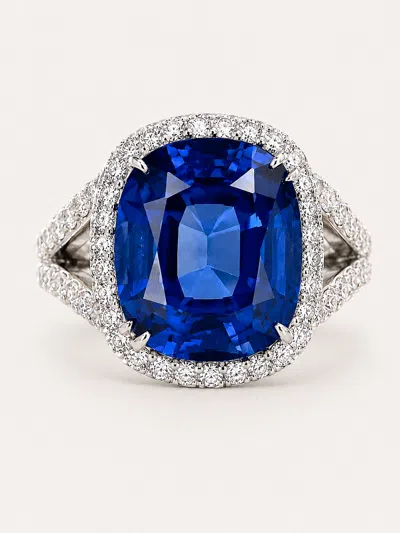 Fantasia By Deserio Grandeur Sapphire Cushion-cut Halo Split-shank Ring (10 Ct) In Blue