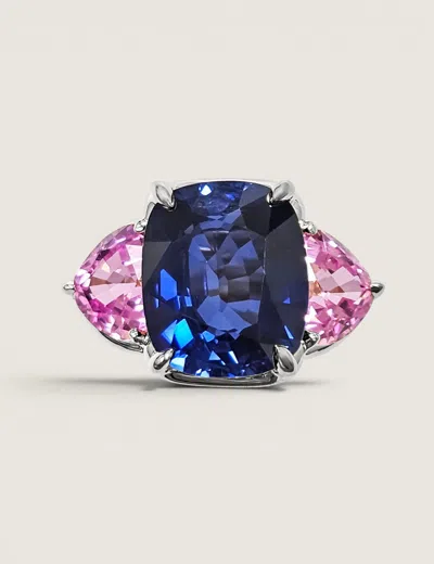 Fantasia By Deserio Large And Pink Tourmaline Three Stone Ring (17.5 Tcw) In Blue
