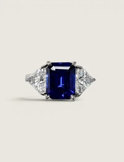 Fantasia By Deserio Trillion-framed Emerald-cut Three-stone Ring (4.7 Tcw) In Blue