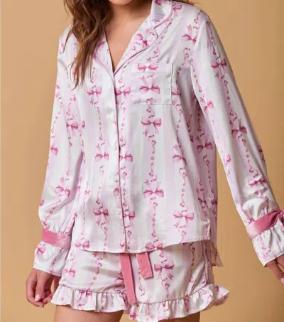 Fantastic Fawn Bow Sleeve Button Down Pajama Top In Pink