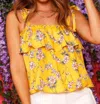 Fantastic Fawn Floral Tank Top With Shoulder Ties In Yellow