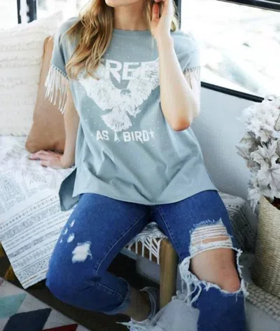 Fantastic Fawn Free As A Bird Rhinestone Fringe Tee In Dusty Sage In Blue