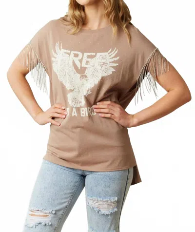 Fantastic Fawn Free As A Bird Rhinestone Fringe Tee In Mocha In Brown