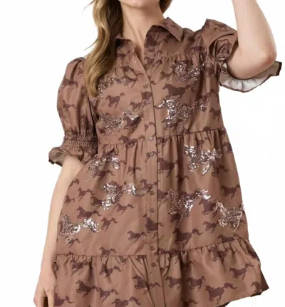 Fantastic Fawn Horse Print Poplin Mini Dress In Brown