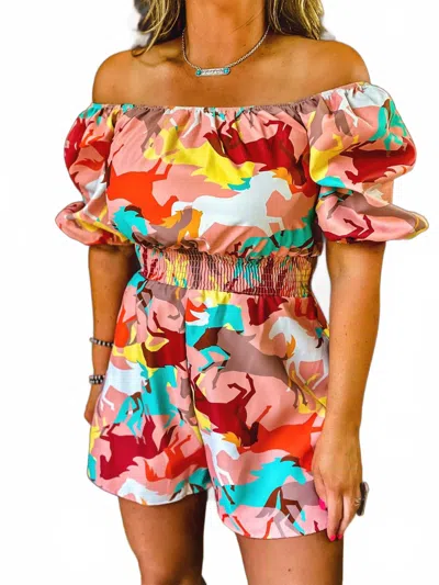Fantastic Fawn Horse Print Romper In Orange In Multi