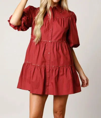 Fantastic Fawn Marsala Puff Sleeve Tiered Shirt Dress In Burgundy