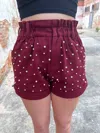 Fantastic Fawn Paper Bag Shorts With Pearl Trim In Maroon