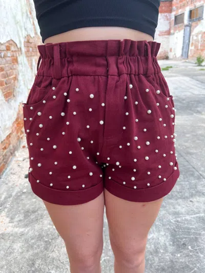Fantastic Fawn Paper Bag Shorts With Pearl Trim In Maroon In Multi