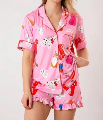 Fantastic Fawn Puppy Dog Short Sleeve Button Down Pajama Top In Pink In Multi