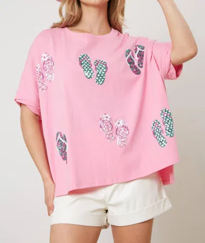 Fantastic Fawn Sequin Flip Flops Tee In Pink