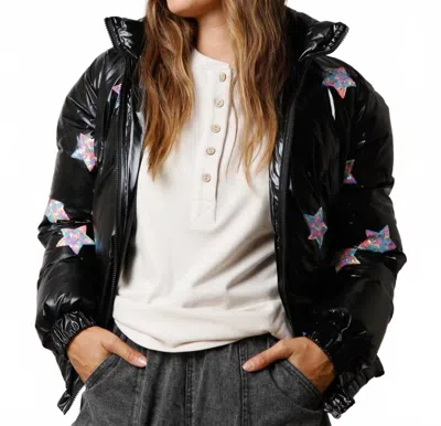 Fantastic Fawn Sequin Star Puffer Jacket In Black