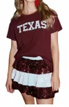 FANTASTIC FAWN SEQUIN TEXAS STARS & FRINGE T-SHIRT IN MAROON