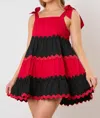 Fantastic Fawn Shoulder Tie Wave Trim Tiered Dress In Red/black In Red