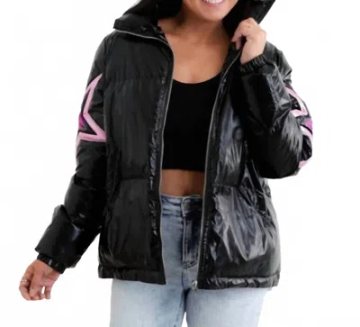 Fantastic Fawn Star Metallic Puffer Jacket In Black In Multi