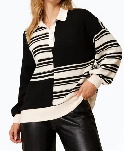 Fantastic Fawn Stripe Cable Knit Mixed Top With Collar In Black/cream