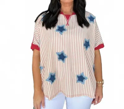 Fantastic Fawn Stripe Oversized Top With Star Patches In White/ Red In Multi
