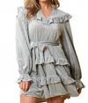 Fantastic Fawn Stripe Velvet Ruffle Detail Dress In Sage In Gray