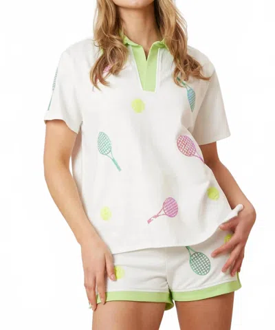 Fantastic Fawn Tennis Sequin Short Sleeve Top In Green And White In Multi