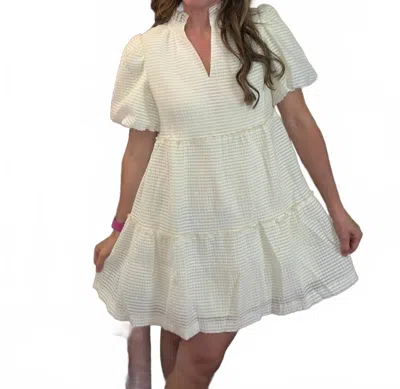 Fantastic Fawn Textured Woven Short Puff Sleeves Dress In Cream In White