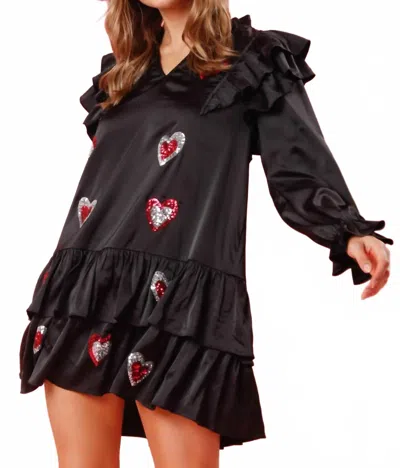 Fantastic Fawn Valentine Hearts Ruffled Mini Dress In Black