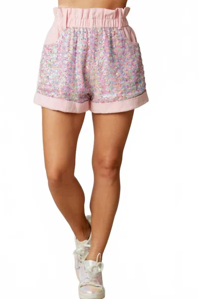 Fantastic Fawn Women's Sequin Color Block Paper Bag Denim Short In Pink In Yellow