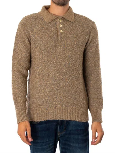 Far Afield Kier Knitted Diamond Cable Polo In Cornstalk/ Silverblue In Brown