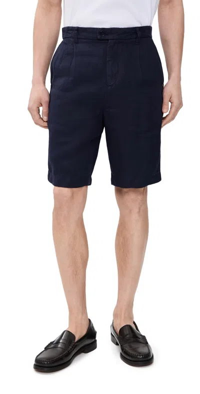 Far Afield Linen Double Pleated Shorts Navy In Blue