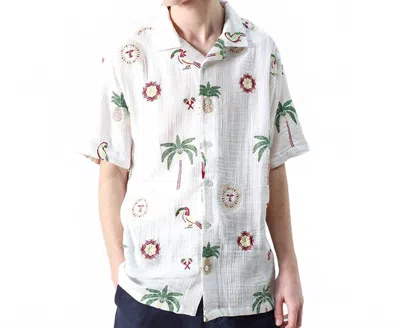 Far Afield Stachio Short Sleeve Shirt In Tropical Embroidery White