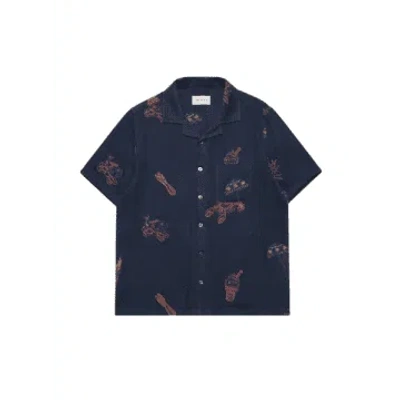 Far Afield Stachio S/s Shirt Menu Embroidery In Navy Iris In Blue