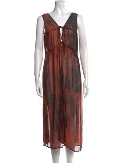 Pre-owned Fara Printed Midi Length Dress In Brown