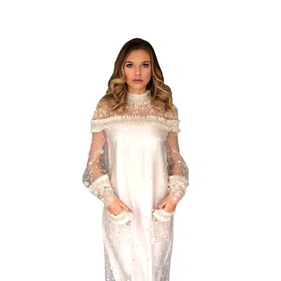 Farah Naz New York Ruffle Pearls Pockets Dress In White