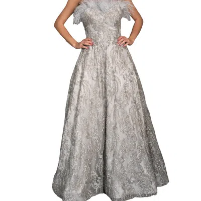 Farah Naz New York Shoulder-less Sequins Lace Gown In Grey