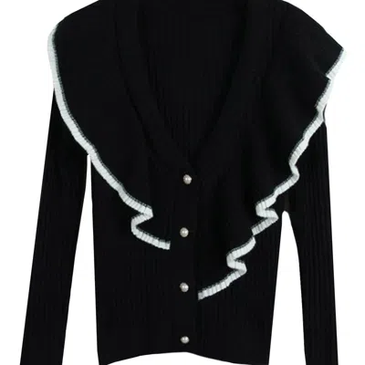Farah Naz New York Women Ruffle Cardigan Sweater In Black