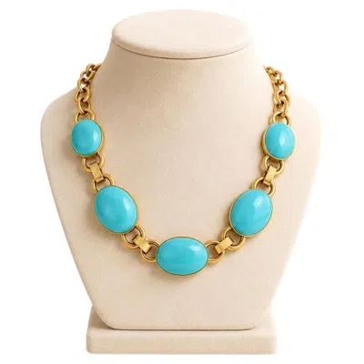 Pre-owned Faraone Mennella 18k Yellow Gold Large Turquoise Open Link Adjustable Necklace
