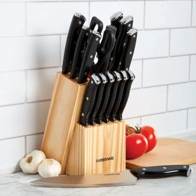 Farberware 15-piece Triple Riveted  Knife Set, High-carbon Stainless Steel With Ergonomic Handles, Wood Block,  In Black