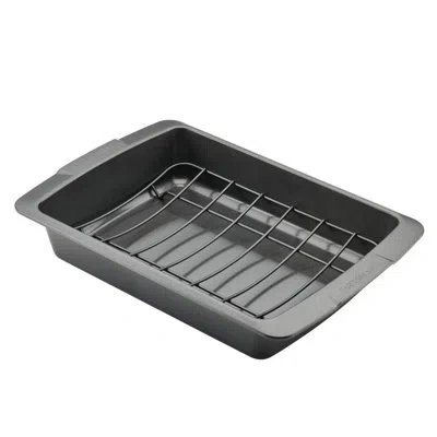 Farberware Bakeware Nonstick Roaster / Roasting Pan With U-rack, 14.75 Inch X 10.75 Inch, Gray