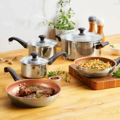 Farberware Classic Traditions Stainless Steel Pots And Ceramic Nonstick Pans Set, 12 Piece, Silver
