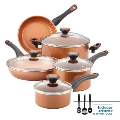 Farberware Glide Copper Ceramic Nonstick Cookware / Pots And Pans Set With Tools, 12 Piece, Black In Orange