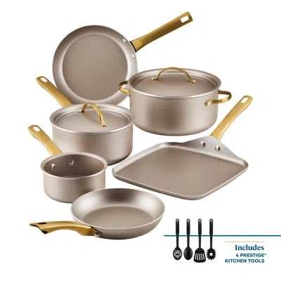 Farberware Radiant Nonstick Cookware Pots And Pans Set With Prestige Cooking Tools, 12 Piece, Champagne In Gold;gray