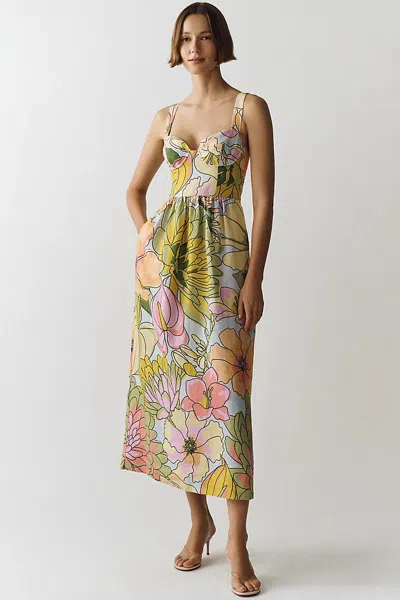 Farm Rio 100% Linen Printed Midi Dress In Multi