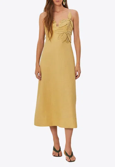 Farm Rio 3d Flower Sleeveless Midi Dress In Yellow