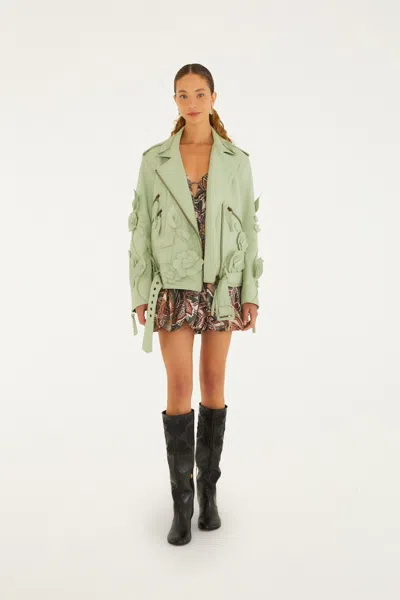 Farm Rio 3d Flowers Belted Biker Leather Jacket In Green