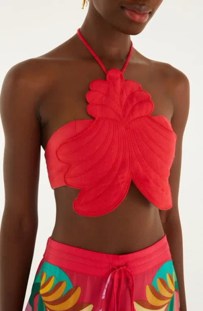 Farm Rio 3d Shell Embroidered Halter Cover-up Top In Red