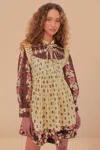 FARM RIO ACTIVE AINIKA MAXI FLORAL CREAM OPEN YOKE MINI DRESS