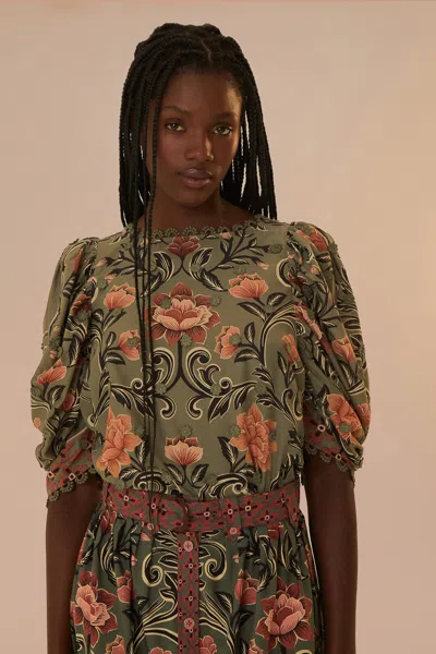 Farm Rio Arabesque Floral Green Blouse In Gold
