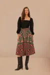 Farm Rio Arabesque Floral Green Buttons Midi Skirt