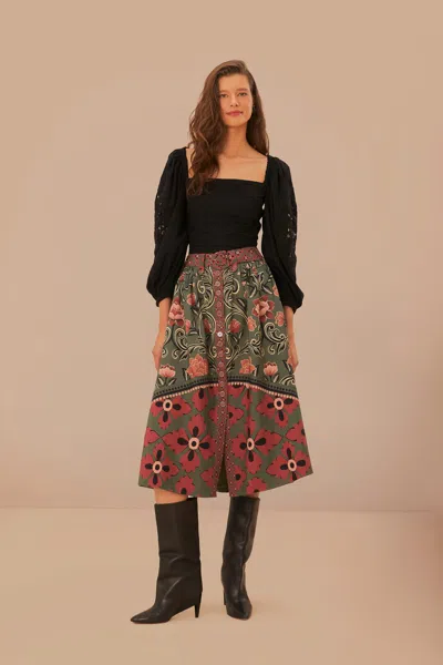 Farm Rio Arabesque Floral Green Buttons Midi Skirt In Gold