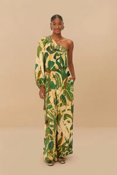 Farm Rio Active Beige Tropical Isla One-shoulder Jumpsuit